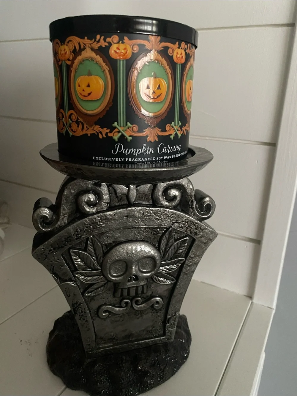 Glow-In-The-Dark Skeleton Candle Holder with Pumpkin Accent -